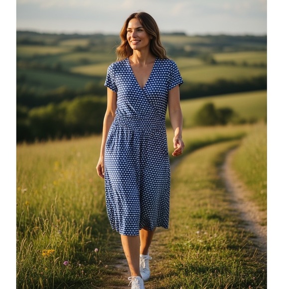 Boden Dresses & Skirts - Boden Blue White Scallop Shell Print Jersey Faux Wrap Dress Size 12L
